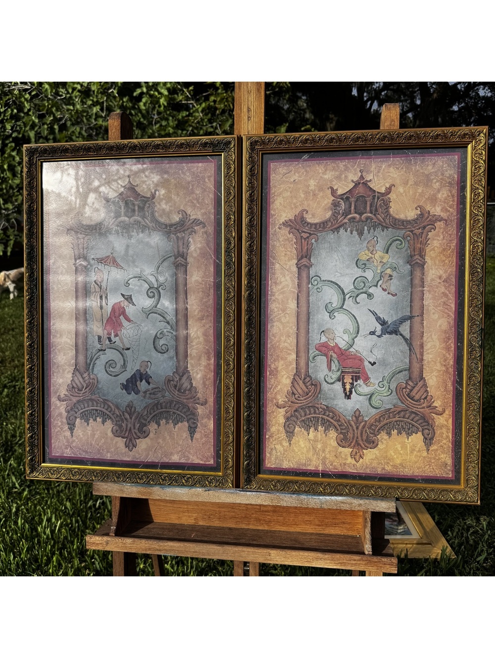 Chinoiserie Pagoda Bird Figural Wall Art Prints Pair Ornate Gold Frames 17x26